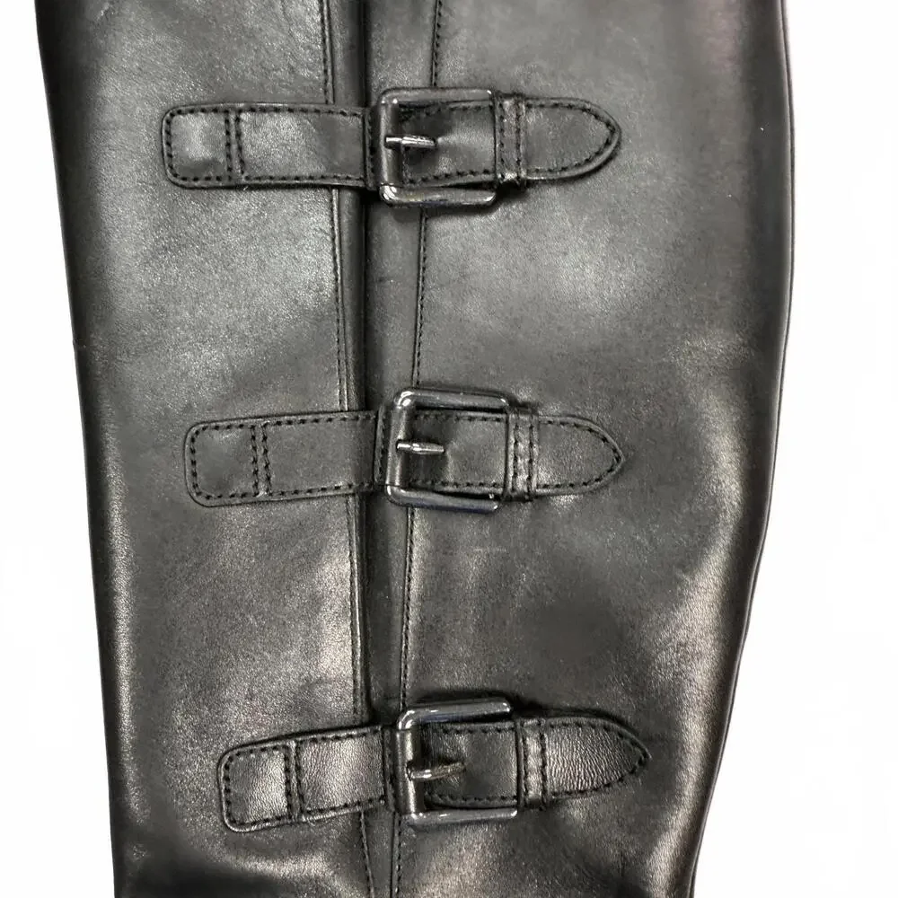 Black Women's Ecco full grain leather knee high moto buckle riding boots size 40